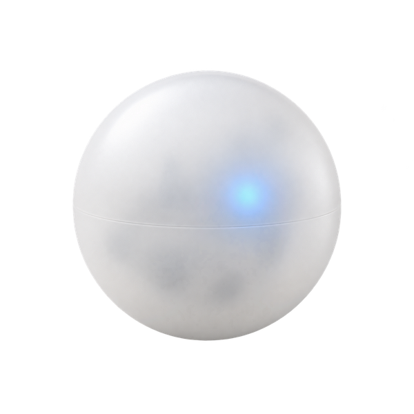 Concept illustration of a translucent white spherical robot with a blue LED